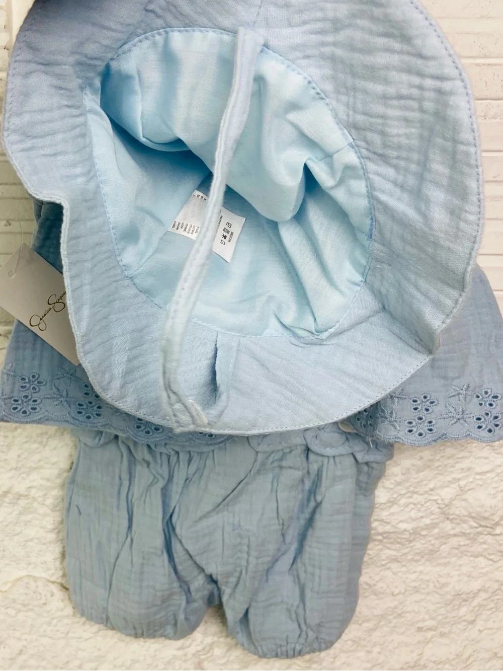 NWT Jessica Simpson Light Blue Cotton Gauze top & Bottoms Set with Matching Hat
